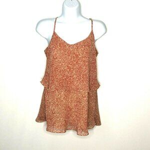 Cabi Womens Size Small Ruffle Hem Tank‎ Top Rust Floral Cami Summer Blouse